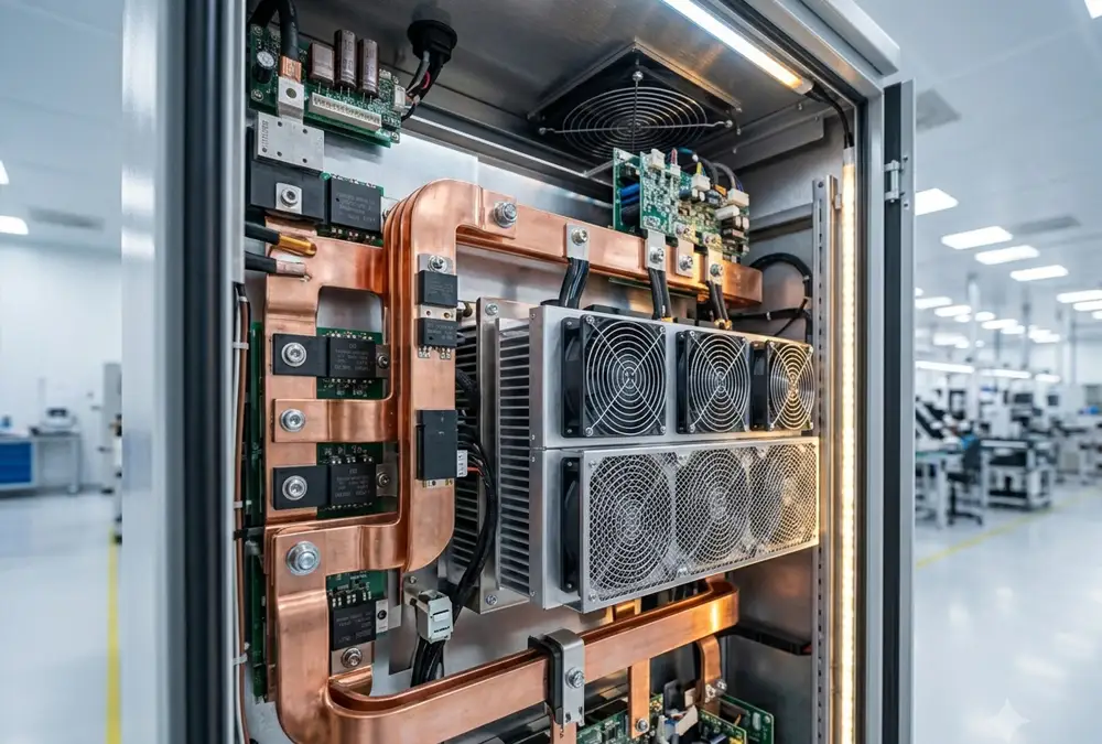 Close-up view of an open industrial cabinet showing modular internal power modules and rectifiers