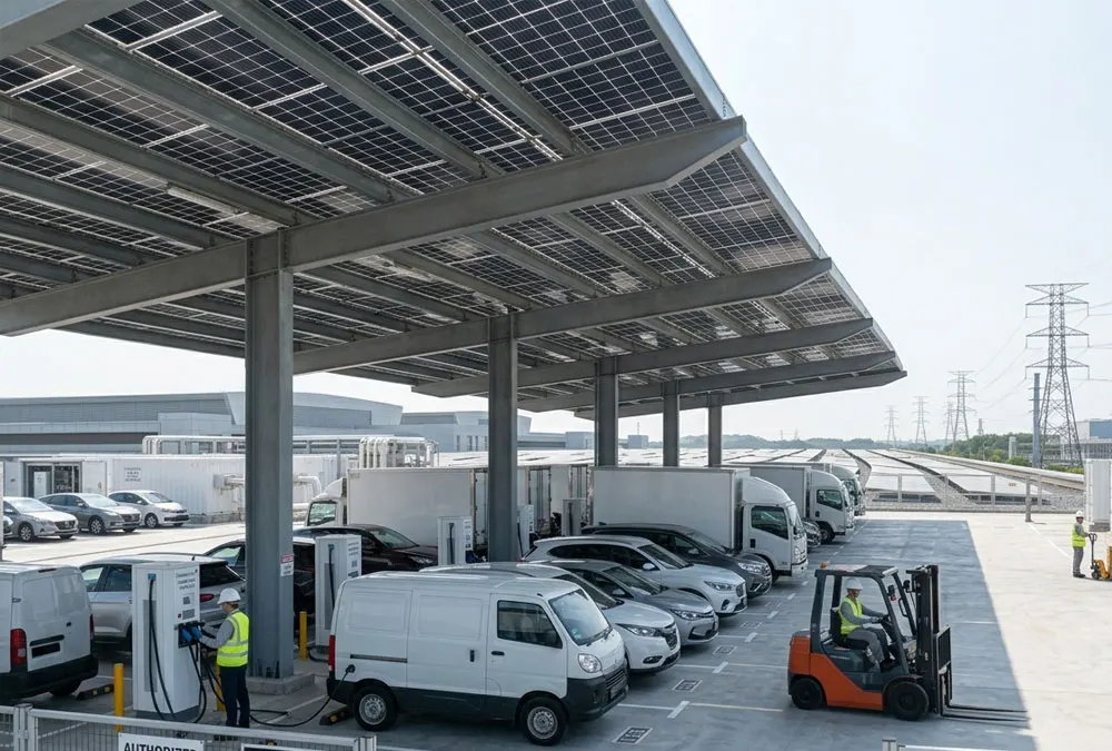 Solar energy benefits for commercial buildings featuring a solar carport integrated with fast EV charging stations