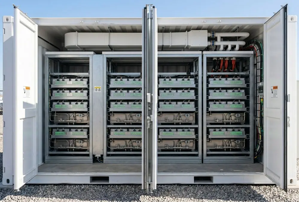 Inside look at a fully integrated containerized energy storage system featuring automated battery management and heavy-duty thermal cooling.