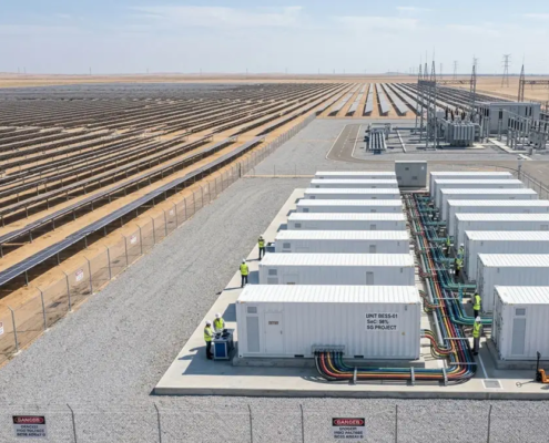 Aerial view of a large scale solar farm with single-axis tracking panels and high-voltage grid substation