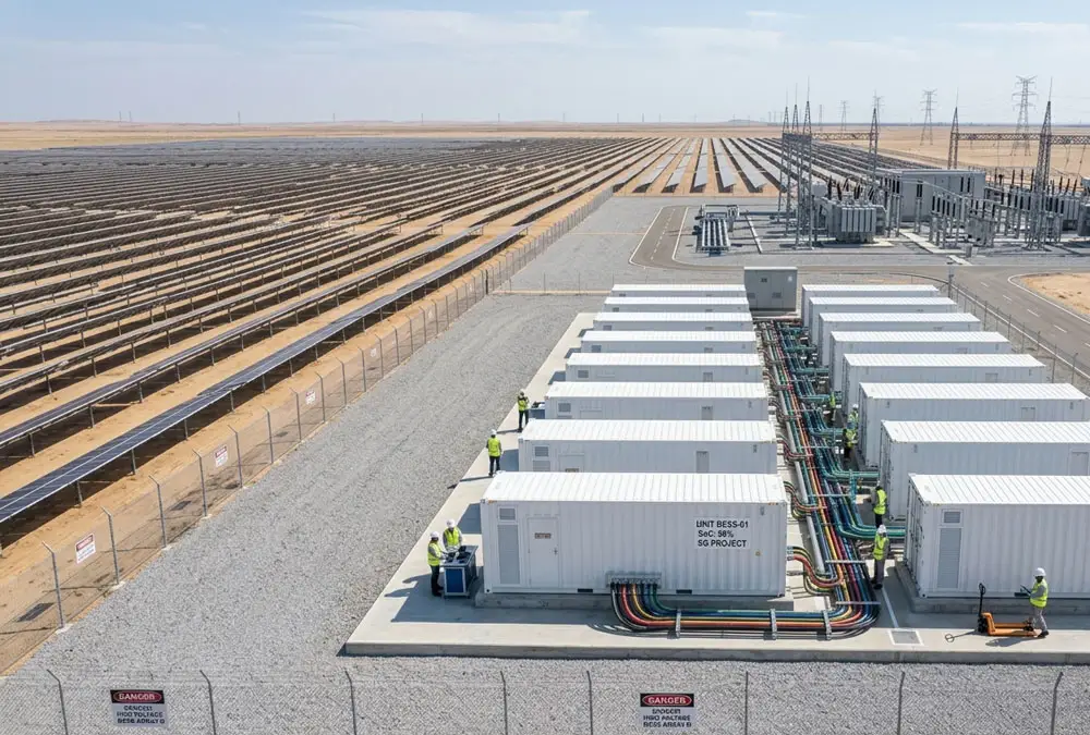 Aerial view of a large scale solar farm with single-axis tracking panels and high-voltage grid substation