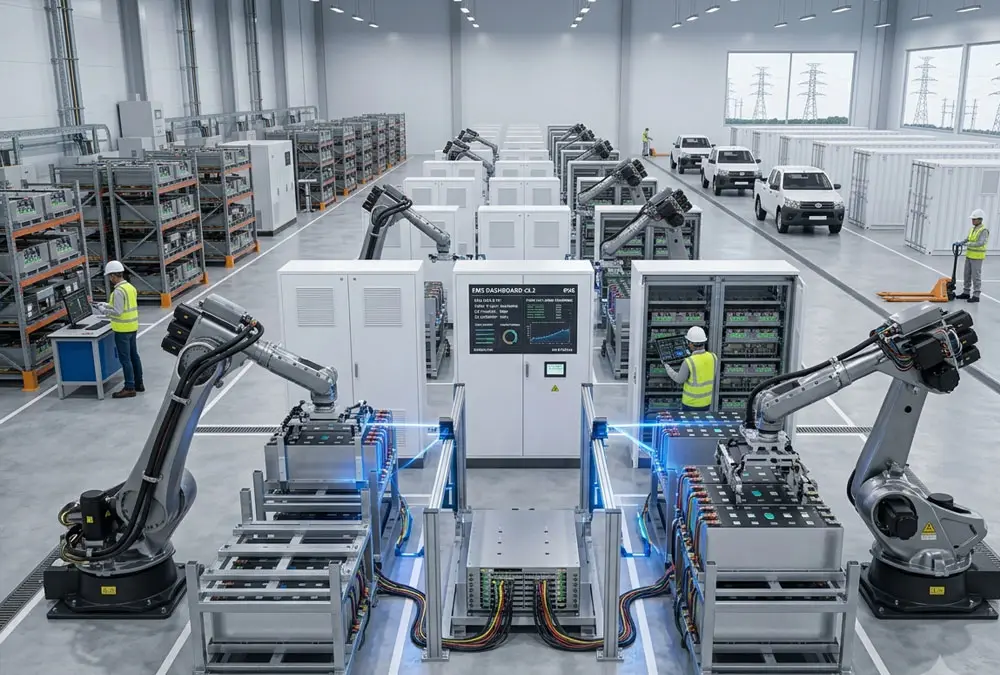 Inside a utility scale battery storage manufacturer assembly line showing precision cell-to-pack balancing technology