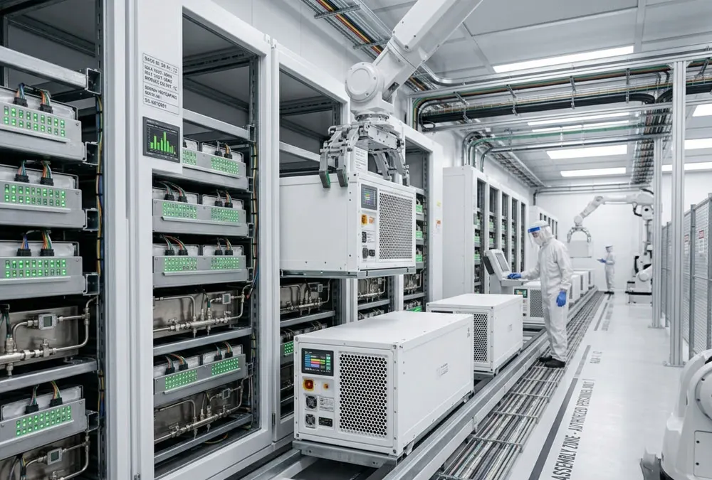 High-density lithium iron phosphate battery storage cells installed within commercial energy storage systems