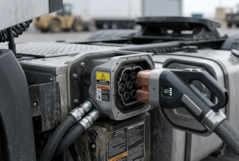 Close-up view of a liquid-cooled MCS charger connector plug designed for ultra fast EV charging.