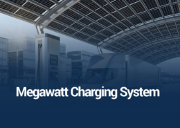 High power Megawatt Charging System charging a heavy-duty electric truck at a modern highway logistics hub.