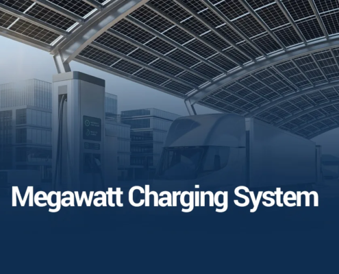 High power Megawatt Charging System charging a heavy-duty electric truck at a modern highway logistics hub.