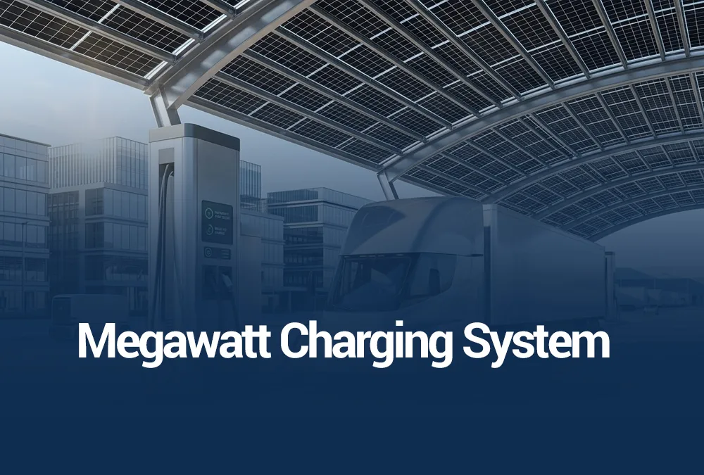 High power Megawatt Charging System charging a heavy-duty electric truck at a modern highway logistics hub.