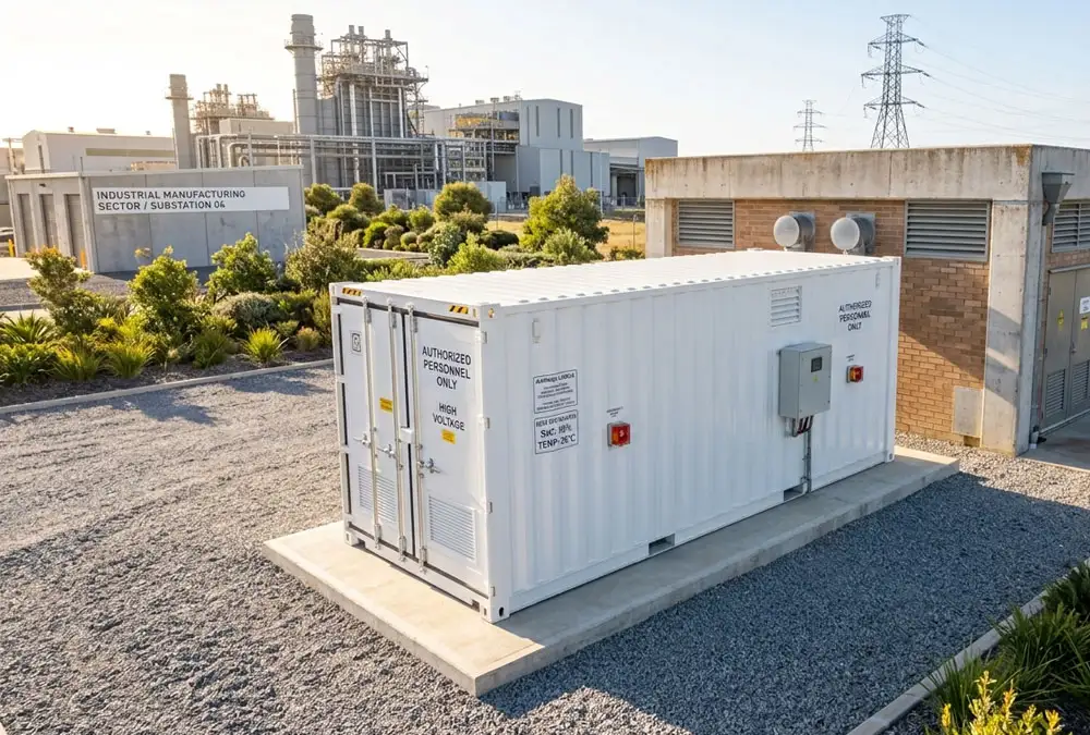 A standard 20ft BESS container optimized for behind-the-meter commercial peak shaving applications.