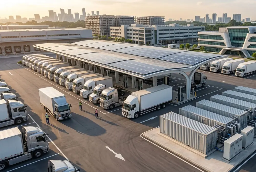 Commercial truck EV charging hub integrated with containerized BESS battery energy storage system.