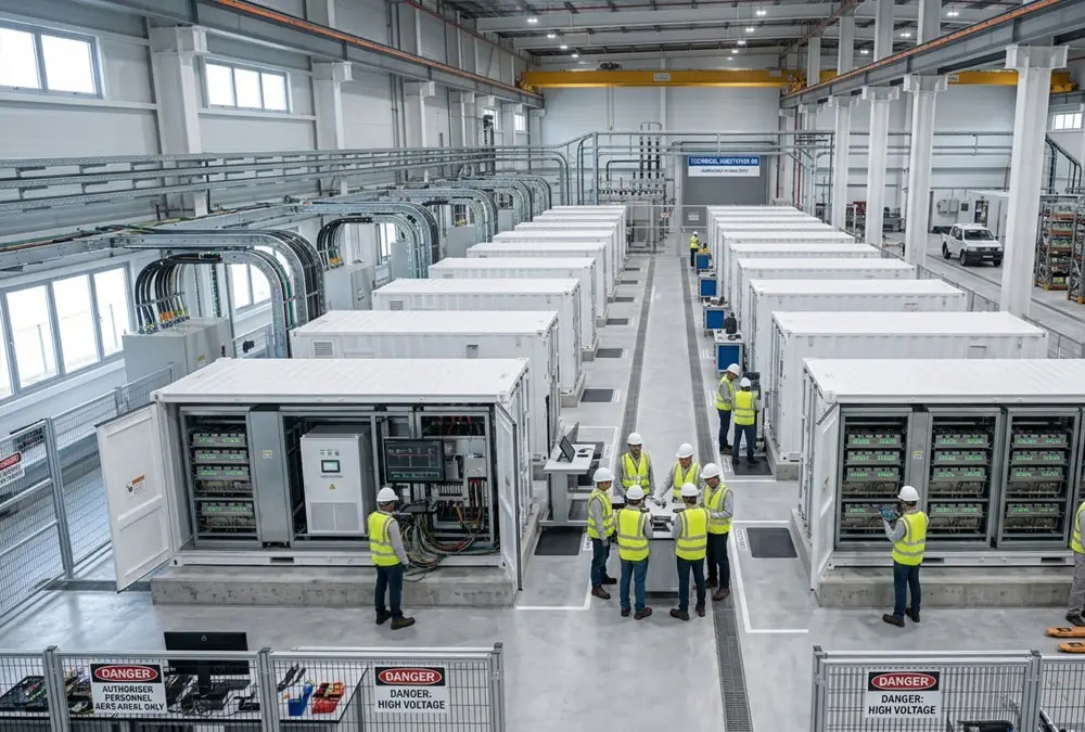 Inside an integrated battery energy storage system manufacturer warehouse preparing turnkey BESS solutions for shipping