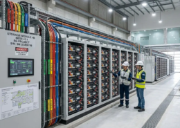 A state-of-the-art commercial energy storage system integrated with rooftop solar panels, demonstrating the massive financial benefits of solar battery storage for businesses.
