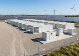 A secure containerized BESS installation integrated with renewable energy storage solutions on a modern utility site.