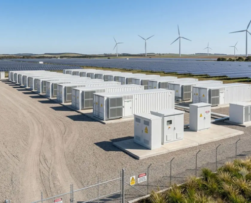 A secure containerized BESS installation integrated with renewable energy storage solutions on a modern utility site.