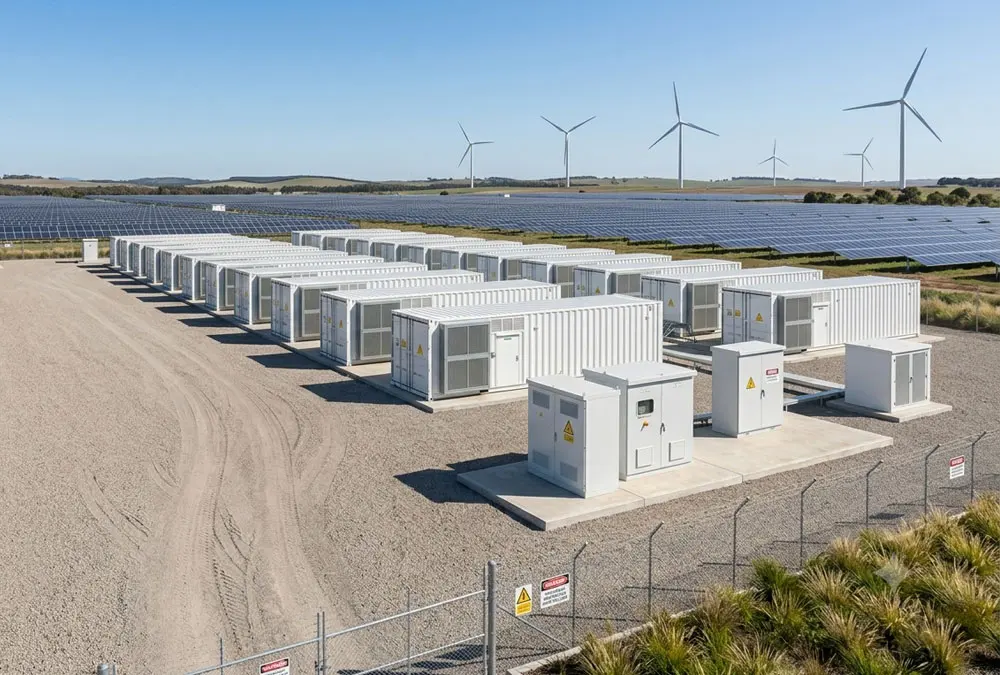A secure containerized BESS installation integrated with renewable energy storage solutions on a modern utility site.