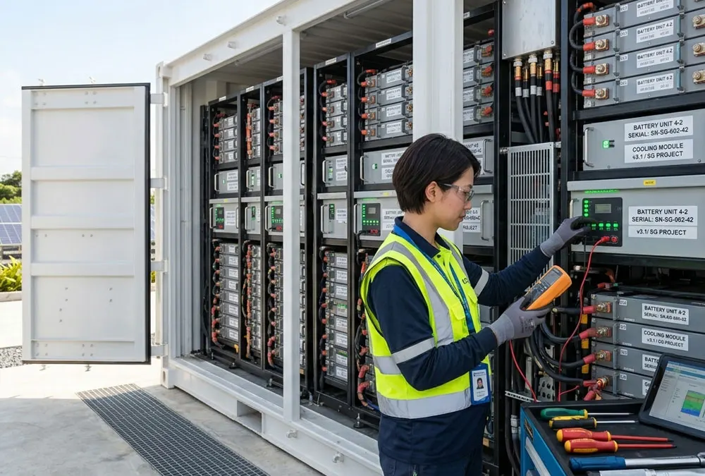 Inside view of a 20ft battery storage container showing advanced modular racks and liquid cooled battery container configurations.