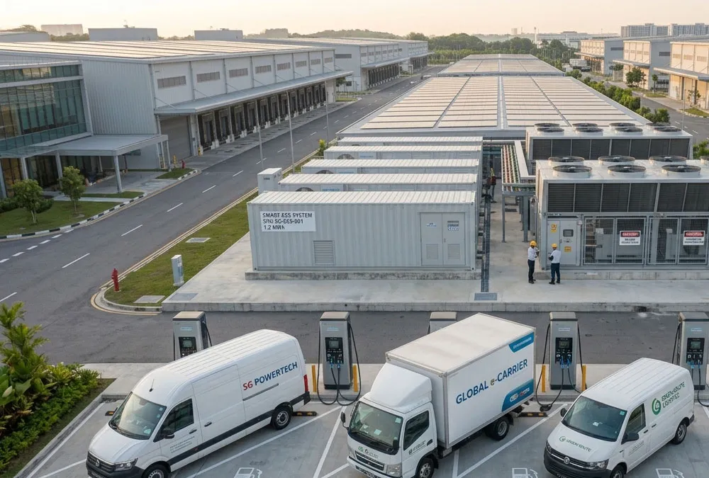 An advanced solar plus storage microgrid configuration powering commercial buildings and fleet EV charging infrastructure to achieve economic benefits of solar energy storage.