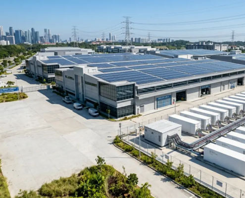 An optimized commercial battery storage sizing installation integrated with rooftop solar PV panels for an industrial factory.
