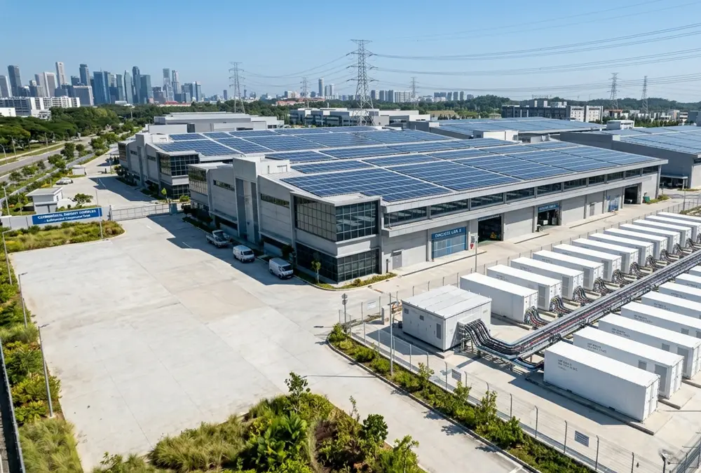 An optimized commercial battery storage sizing installation integrated with rooftop solar PV panels for an industrial factory.
