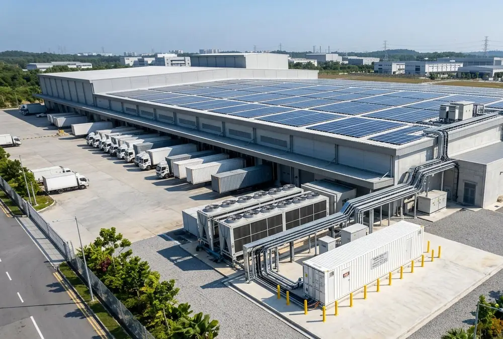 Heavy-duty liquid-cooled factory energy storage solutions enclosure installed on a concrete pad outside a food processing plant