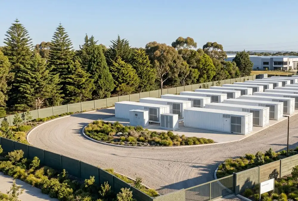 A grid scale battery storage project designed with proper safety distances and acoustic enclosures to manage community impact of battery storage.
