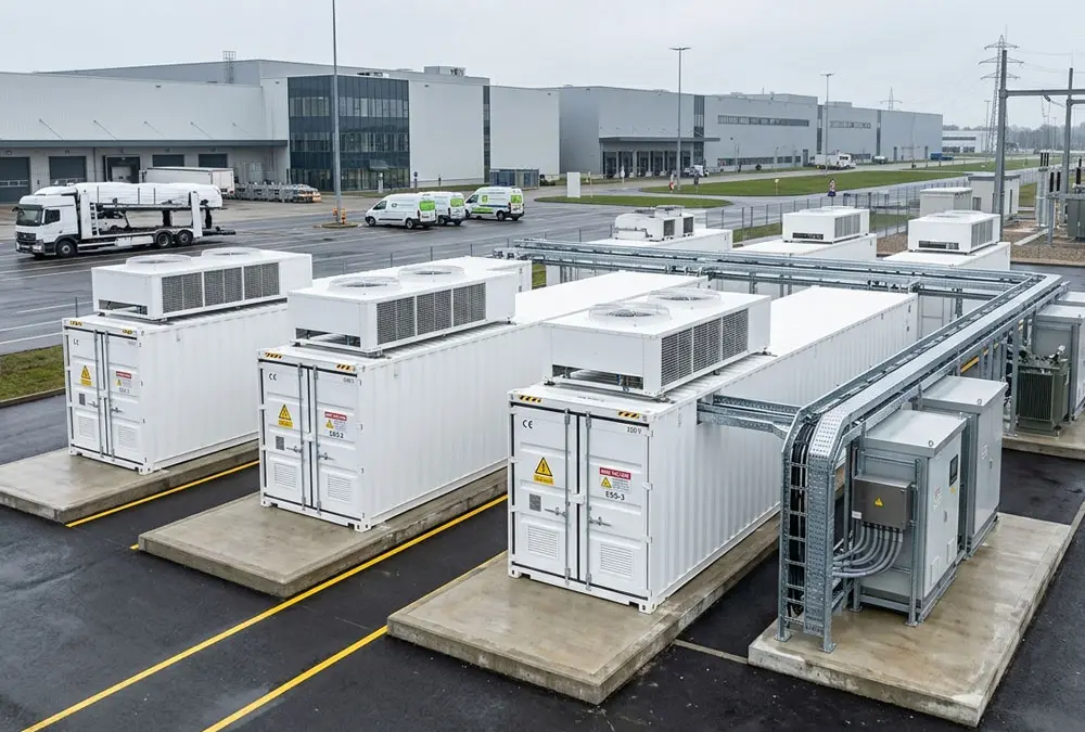 Large-scale outdoor container battery storage supplier installation fully integrated with factory infrastructure.