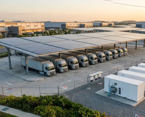 Integrated industrial solar battery storage system container and commercial solar carport at a modern logistics hub