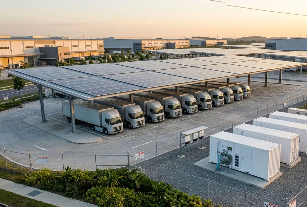 Integrated industrial solar battery storage system container and commercial solar carport at a modern logistics hub