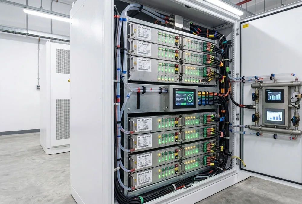 Inside look at a liquid cooling battery storage design utilizing high-safety LFP cells for a grid-scale project.