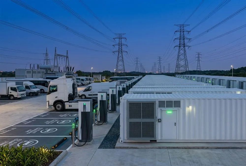 A grid-scale battery storage container deployed under a 20ft containerized ESS configuration to support fast grid integration and EV charging buffers.