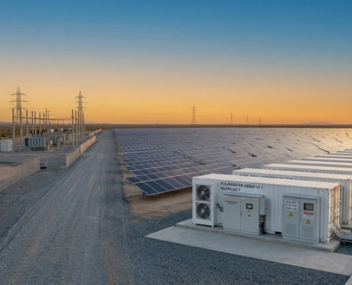A vast utility-scale solar asset integrated with a modern solar farm battery storage system to maximize daily renewable generation revenue.