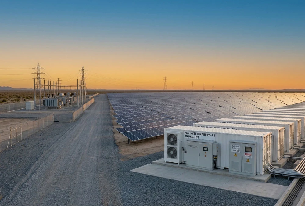 A vast utility-scale solar asset integrated with a modern solar farm battery storage system to maximize daily renewable generation revenue.