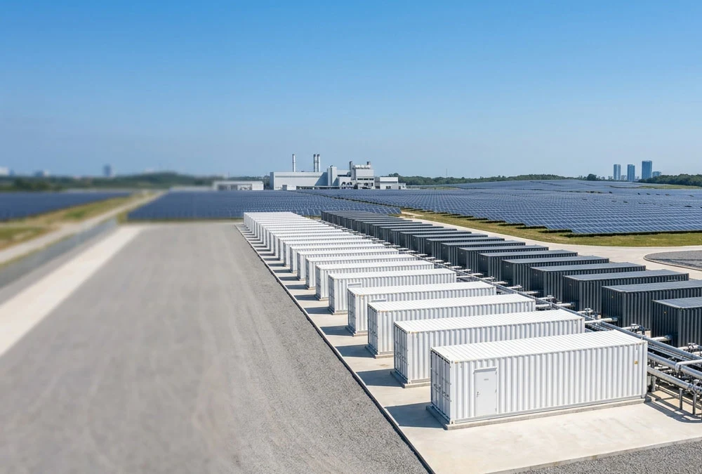 A modular containerized BESS integrated as a premier solar farm battery storage solution on a utility-scale site.