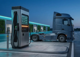 350kW liquid-cooled high power EV charging station connected to an electric car at a highway hub
