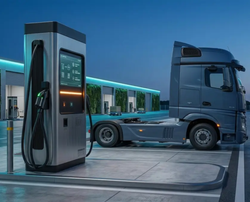 350kW liquid-cooled high power EV charging station connected to an electric car at a highway hub
