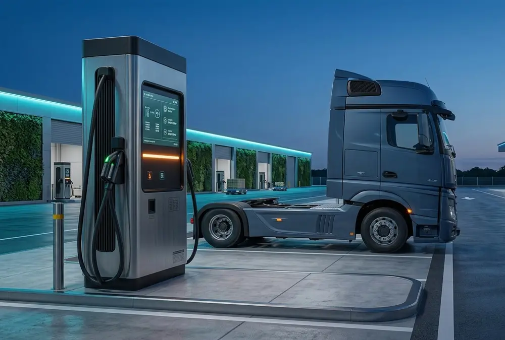 350kW liquid-cooled high power EV charging station connected to an electric car at a highway hub