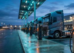 Commercial electric fleet logistics yard featuring high-power DC fast charging terminals from top EV charging manufacturers.