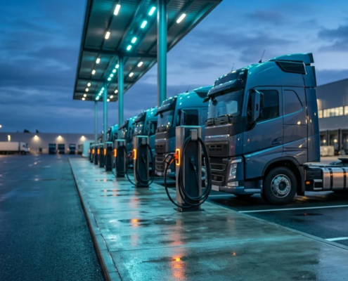 Commercial electric fleet logistics yard featuring high-power DC fast charging terminals from top EV charging manufacturers.