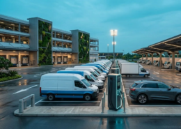 Commercial EV fleet charging solutions layout showing delivery vans charging overnight with Level 2 AC units alongside a dual-port DC fast charger at an industrial depot.