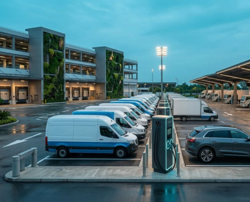 Commercial EV fleet charging solutions layout showing delivery vans charging overnight with Level 2 AC units alongside a dual-port DC fast charger at an industrial depot.