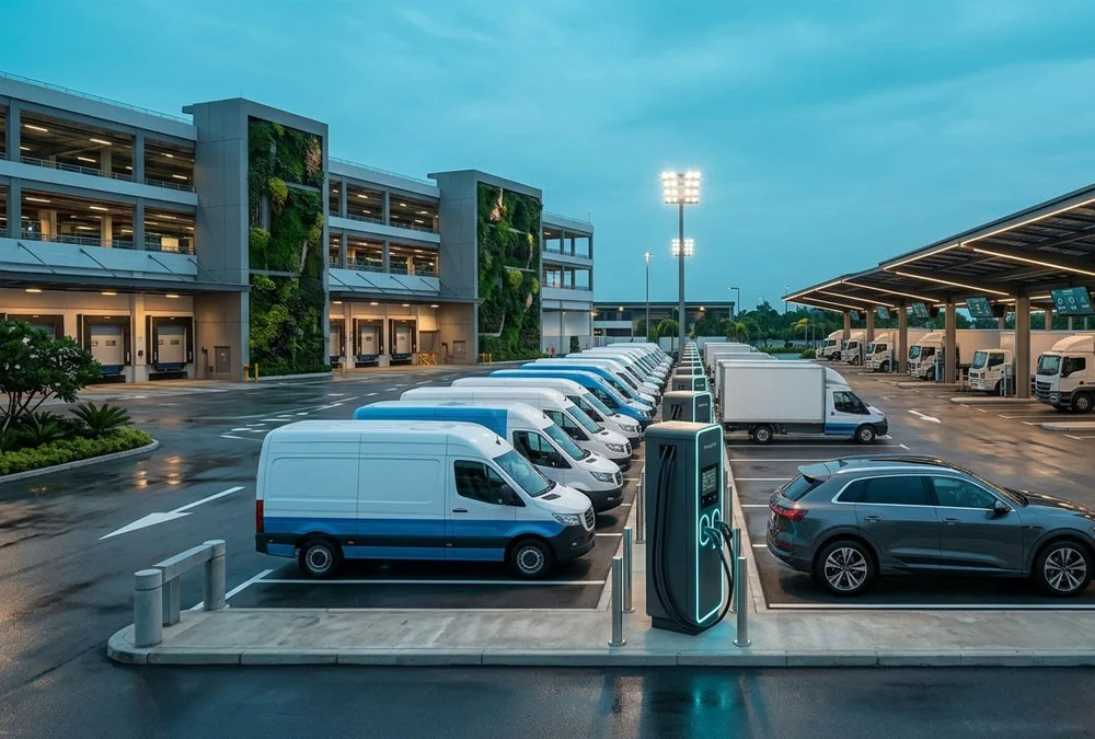 Commercial EV fleet charging solutions layout showing delivery vans charging overnight with Level 2 AC units alongside a dual-port DC fast charger at an industrial depot.