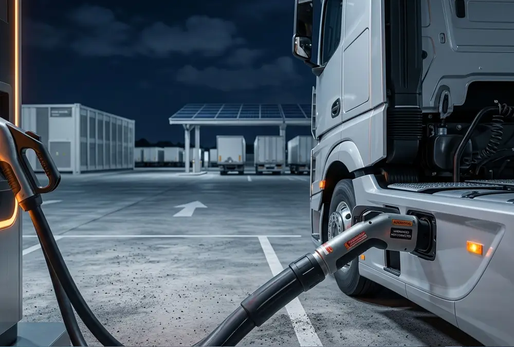 Heavy-duty electric truck using Megawatt Charging System MCS plug at a commercial fleet depot