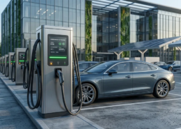Sleek commercial electric car charging stations installed in a modern office building parking lot.