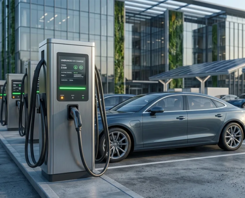 Sleek commercial electric car charging stations installed in a modern office building parking lot.