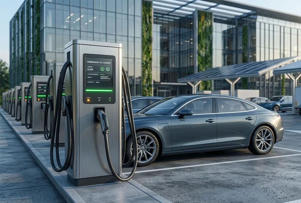 Sleek commercial electric car charging stations installed in a modern office building parking lot.