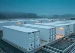 A grid-scale battery energy storage system facility manufactured in Germany during blue hour