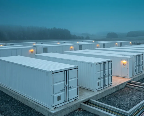 A grid-scale battery energy storage system facility manufactured in Germany during blue hour