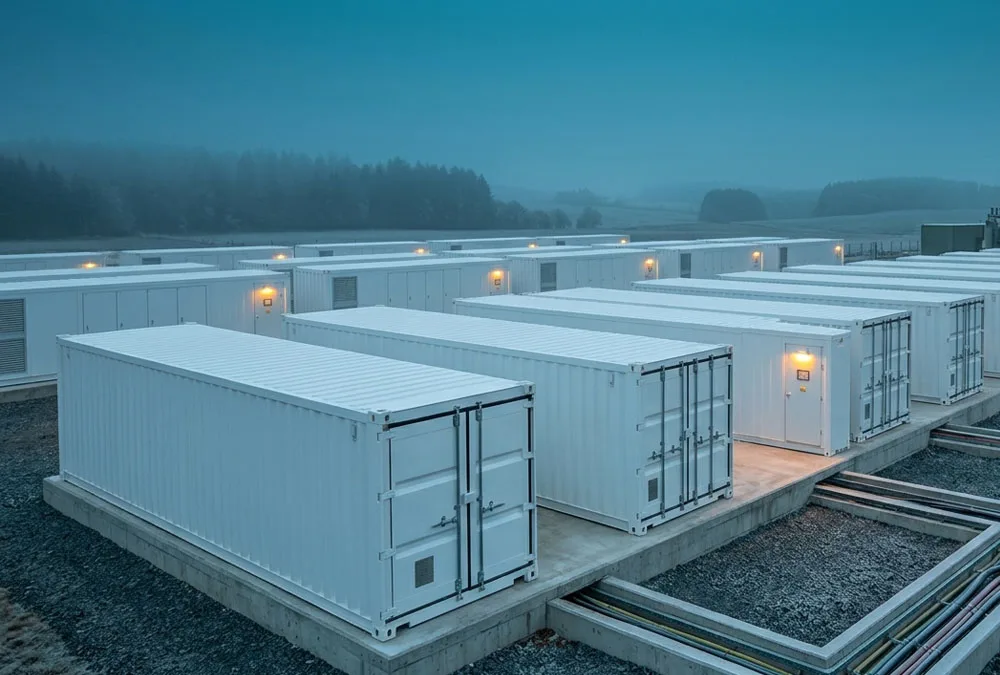 A grid-scale battery energy storage system facility manufactured in Germany during blue hour