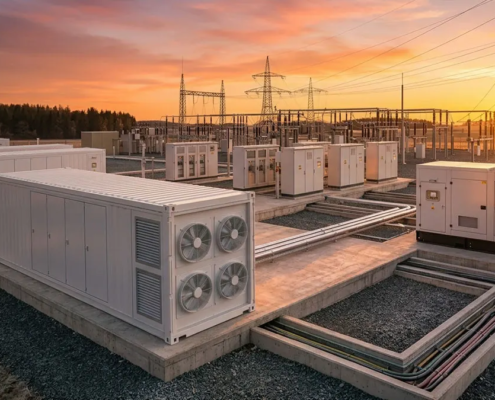 Industrial facility showing BESS vs diesel generator installation site with grid switchgear