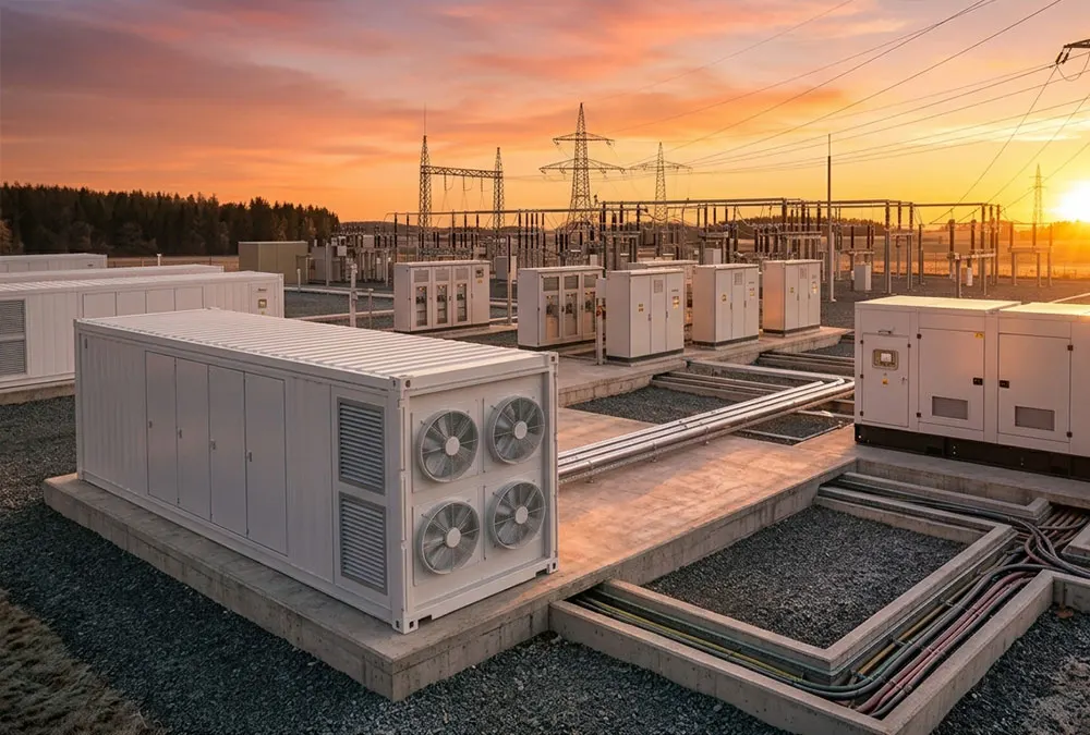 Industrial facility showing BESS vs diesel generator installation site with grid switchgear