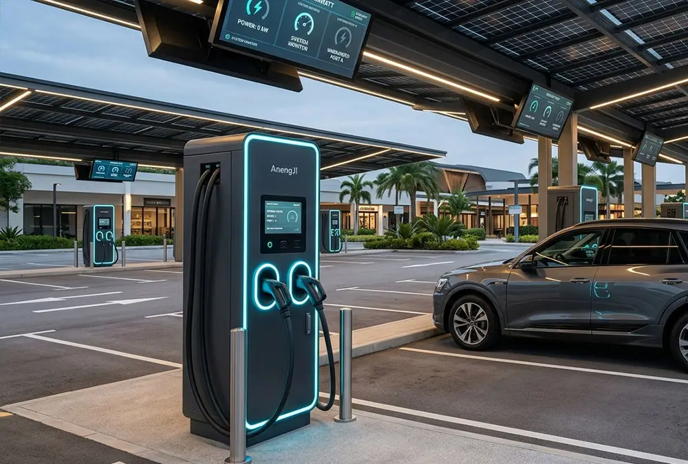 AnengJi high-power liquid-cooled DC fast charging station deployed at a modern commercial plaza, featuring dual-port ultra-fast EV chargers for electric vehicles.
